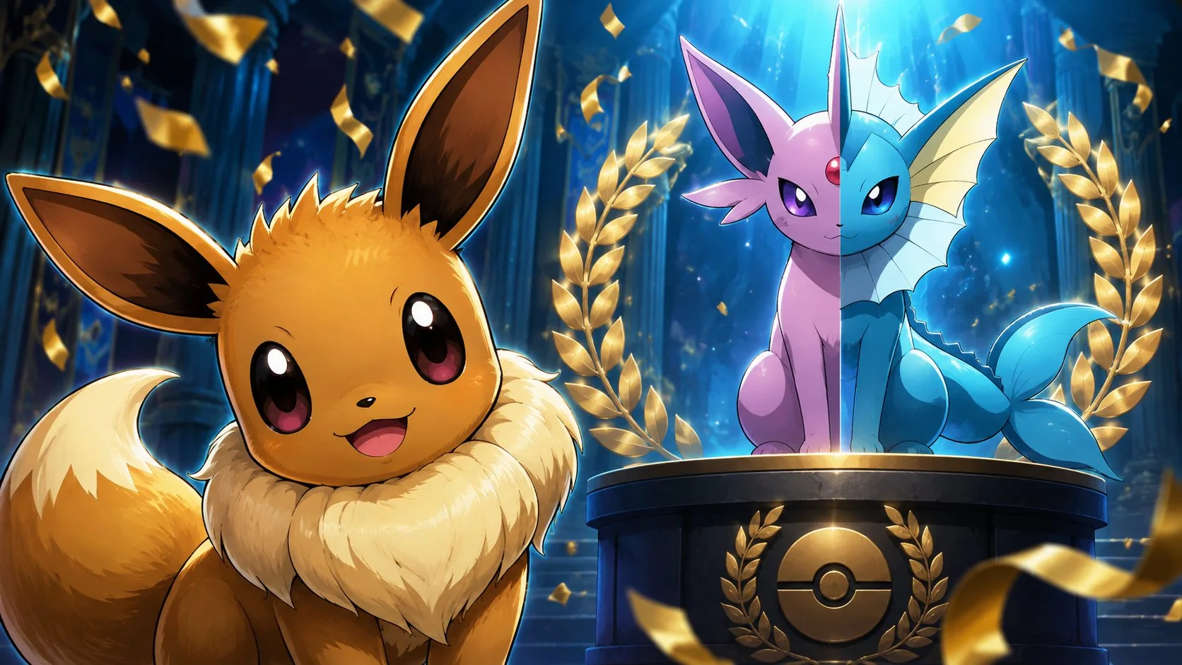 Обложка с персонажем Eevee и двумя вариантами эволюции